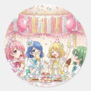Süße Anime-Mädchen-Eiscreme-Geburtstagsfeier Runder Aufkleber