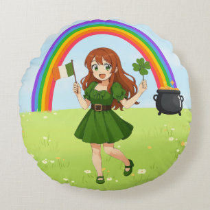 Süße Anime-Rothaarige am St. Patrick's Day Rundes Kissen