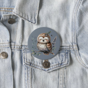 Süße Aquarell-Eule im floralen Wald-Stil Button