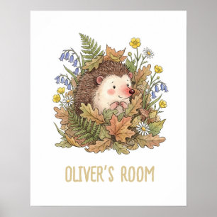 Süße Aquarell-Illustration von Igel und Wildblumen Poster