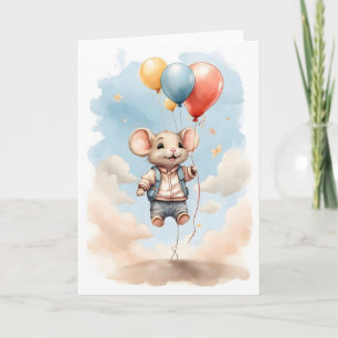 Süße Aquarellmaus schwebt mit Luftballons leer Karte