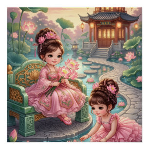 Süße asiatische Puppen in traditioneller Gartenlan Poster