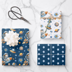 Süße Astronauten-Katze Galaxie Muster Navy Blau We Geschenkpapier Set