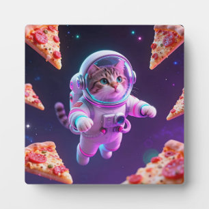 Süße Astronautenkatze schwebende Pizza Weltraum-Ab Fotoplatte