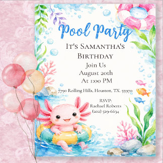 Süße Axolotl-Geburtstags-Poolparty Einladung