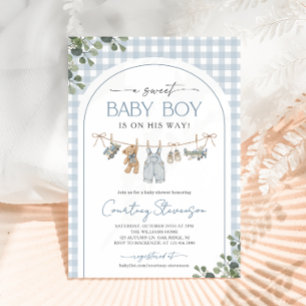 Süße Baby-Jungen-Kleiderleine Gingham-Baby-Party Einladung