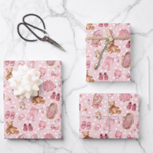 Süße Baby-Mädchen-Baby-Party-Teddybären-Kleidung Geschenkpapier Set