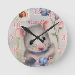 Süße Baby-Maus Pastell-Aquarell-Frühlingsblumen Runde Wanduhr