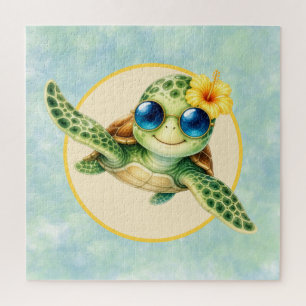 Süße Baby-Meerschildkröten mit tropischen Blumen