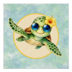 Süße Baby-Meerschildkröten mit tropischen Blumen Poster