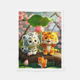 Süße Baby-Tiger und Fisch-Lotus-Teich-Flies Blanke Fleecedecke