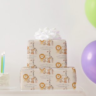 Süße Baby-Zoo-Tiere Benutzerdefinierter Name Beige Geschenkpapier