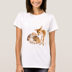 Süße Babyhirsche und Kätzchen Aquarell-Illustratio T-Shirt