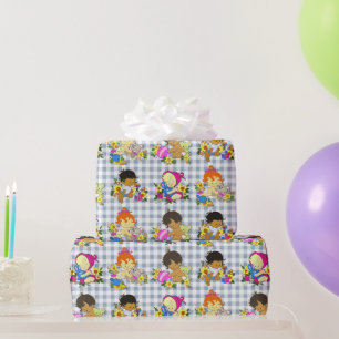 Süße Babys Retro Farbige Blaue Karos Geschenkpapier