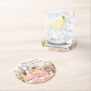 Süße Babytier & Wildblumen-Baby-Party  Runder Pappuntersetzer