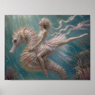 Süße Ballerina auf ihrem rosa Seepferd Poster