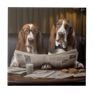 Süße Basset-Hunde lesen Zeitung Fliese