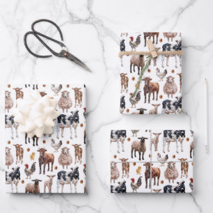 Süße Bauernhof-Tiere Kühe Schafe Schweine Hühner Geschenkpapier Set