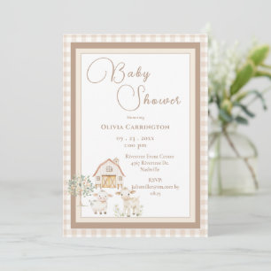 Süße Bauernhoftiere Gingham Babyparty-Einladung Einladung