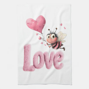 Süße Biene Fluffiger Rosa Liebesherzballon Geschirrtuch