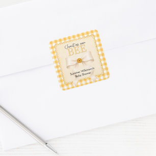 Süße Bienen-Baby-Shower-Gunstaufkleber Gelb Gingha Quadratischer Aufkleber