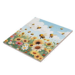 Süße Bienen und Blumen Illustration Fliese