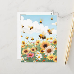 Süße Bienen und Blumen Illustration Postkarte