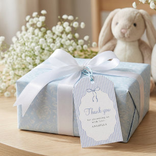 Süße blaue Baby-Party-Einladung mit Streifen und S Geschenkanhänger