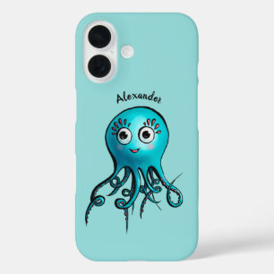 Süße blaue Cartoon-Oktopus - Lächelnde Meereskreat iPhone 16 Hülle