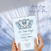 Süße blaue Elefanten-Zwillinge Baby-Shower-Einladu