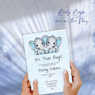 Süße blaue Elefanten-Zwillinge Baby-Shower-Einladu Dankeskarte