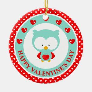 Süße blaue Eule und Herzen Valentinstag Keramik Ornament