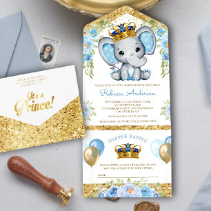 Süße blaue floral Prinz-Elefanten-Baby-Party All In One Einladung