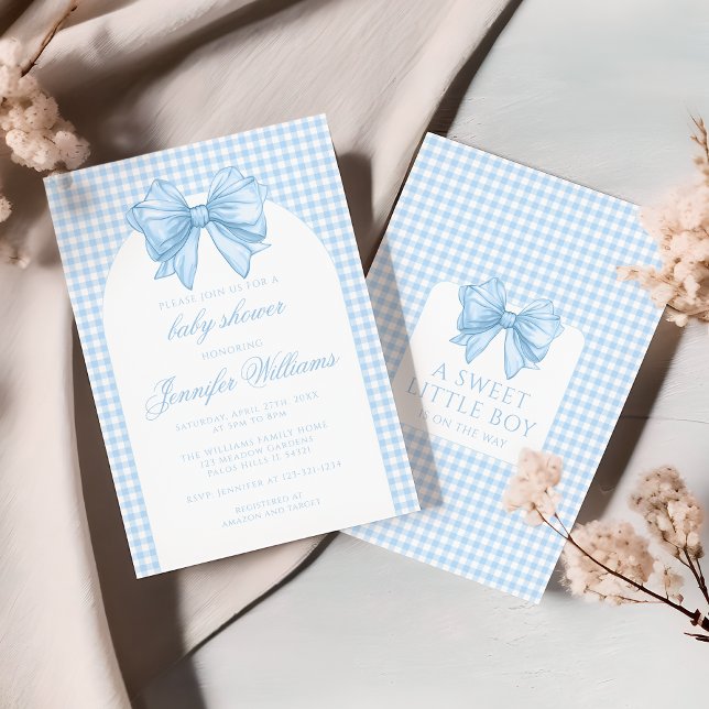 Süße blaue Gingham-Bogen-Baby-Jungen-Party Einladung (Von Creator hochgeladen)