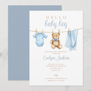 Süße blaue Jungenkleidungswäscheleine Baby Shower Einladung