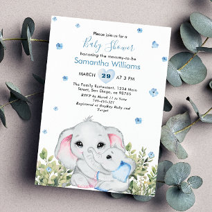 Süße blaue Mommy-Baby-Elefanten-Babyparty Einladung