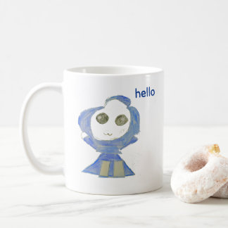 Süße blaue Puppe, Wachsmalstiftzeichnung Kaffeetasse