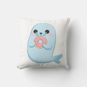Süße blaue Robbe mit Donut-Kissen – Kawaii Ozean A Kissen