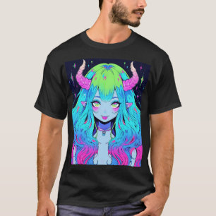 Süße blaue, rosa und grüne Anime-Teufelsgirl T-Shirt