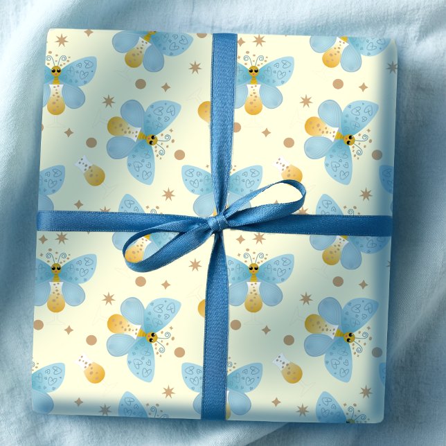 Süße blaue Schmetterlinge mit Champagnerglas Geschenkpapier (Blue wings, gold dots, butterflies in a glass. A cute way to wrap up any gift.)
