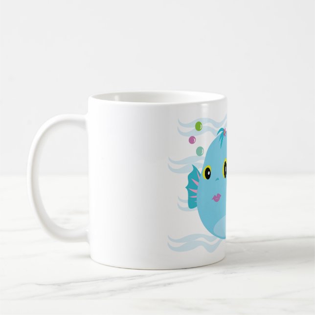 Süße blaue tropische Fische mit rosafarbenen Floss Kaffeetasse (Links)