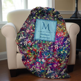 Süße Blume und Blätter Rot Schwarz Monogramm Blume Fleecedecke