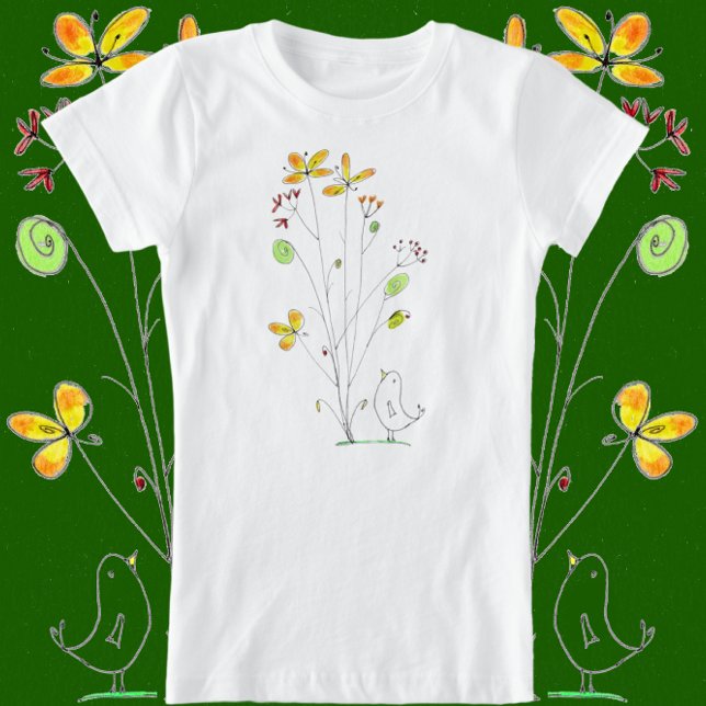Süße Blume und Vogelgewässer, Aquarell und Tintenz T-Shirt (Von Creator hochgeladen)