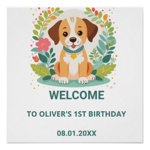 Süße Blumen-Hund-Welpe-Baby-Jungen-Geburtstags-Wil Poster