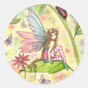Süße Blumenfee und Marienkäfer im Garten Runder Aufkleber