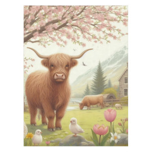 Süße, blumige Frühlings-Hochlandkuh Tischdecke