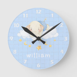 Süße Boho-Aquarell-Elefantenwolken Blaue Kinderzim Runde Wanduhr