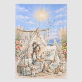 Süße Boho-Stil Mädchen Strand Szene Decoupage  Seidenpapier