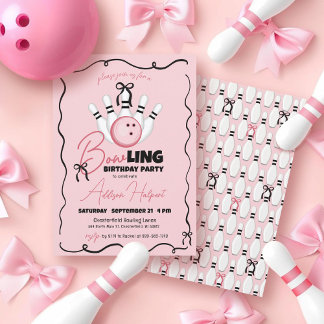 Süße Bowling-Girly-Pink-Bow-Mädchen-Geburtstagsfei Einladung