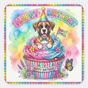 Süße Boxer Welpen Happy Birthday Cupcake Aquarell Quadratischer Aufkleber